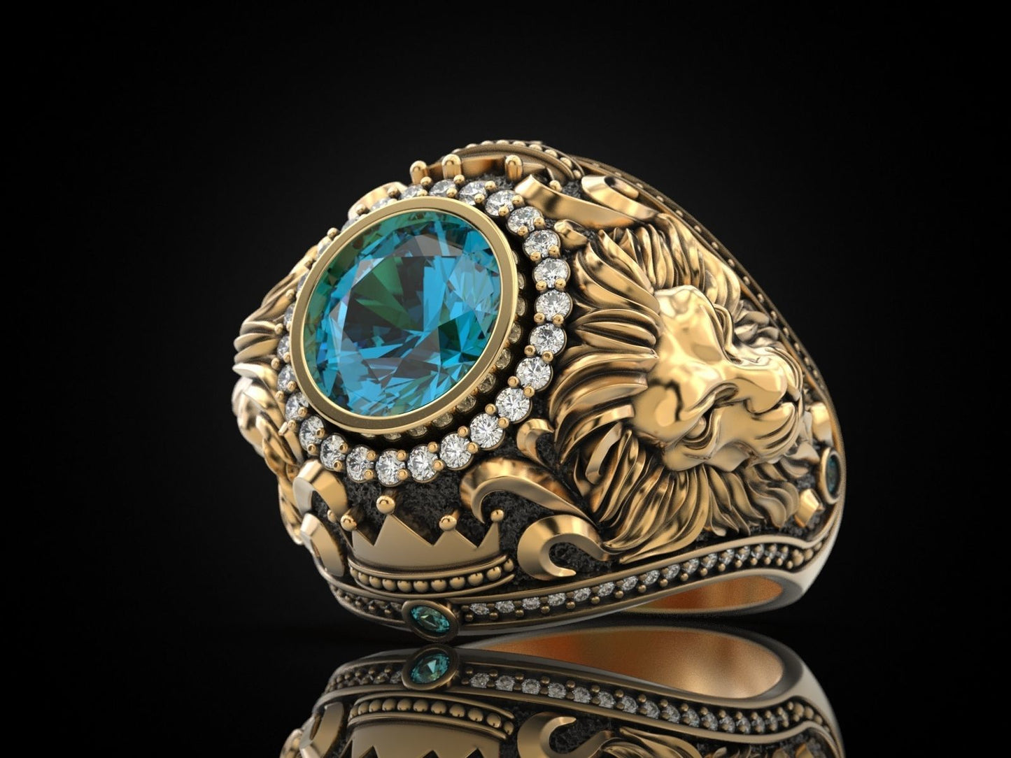RARE PRINCE by CARAT SUTRA | Unique Designed 22k Gold plated Double Faced Lion Ring with Green Zircon Stone | 925 Sterling Silver Oxidized Ring | Men's Jewelry | With Certificate of Authenticity and 925 Hallmark
