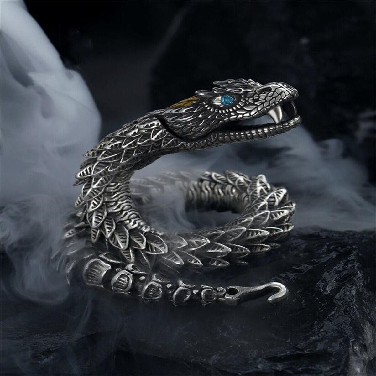 RARE PRINCE by CARAT SUTRA | Unique Golden Head Oxidized Snake Bracelet with Blue Eyes | 925 Sterling Silver Oxidized Bracelet | Unisex Jewelry | With Certificate of Authenticity and 925 Hallmark