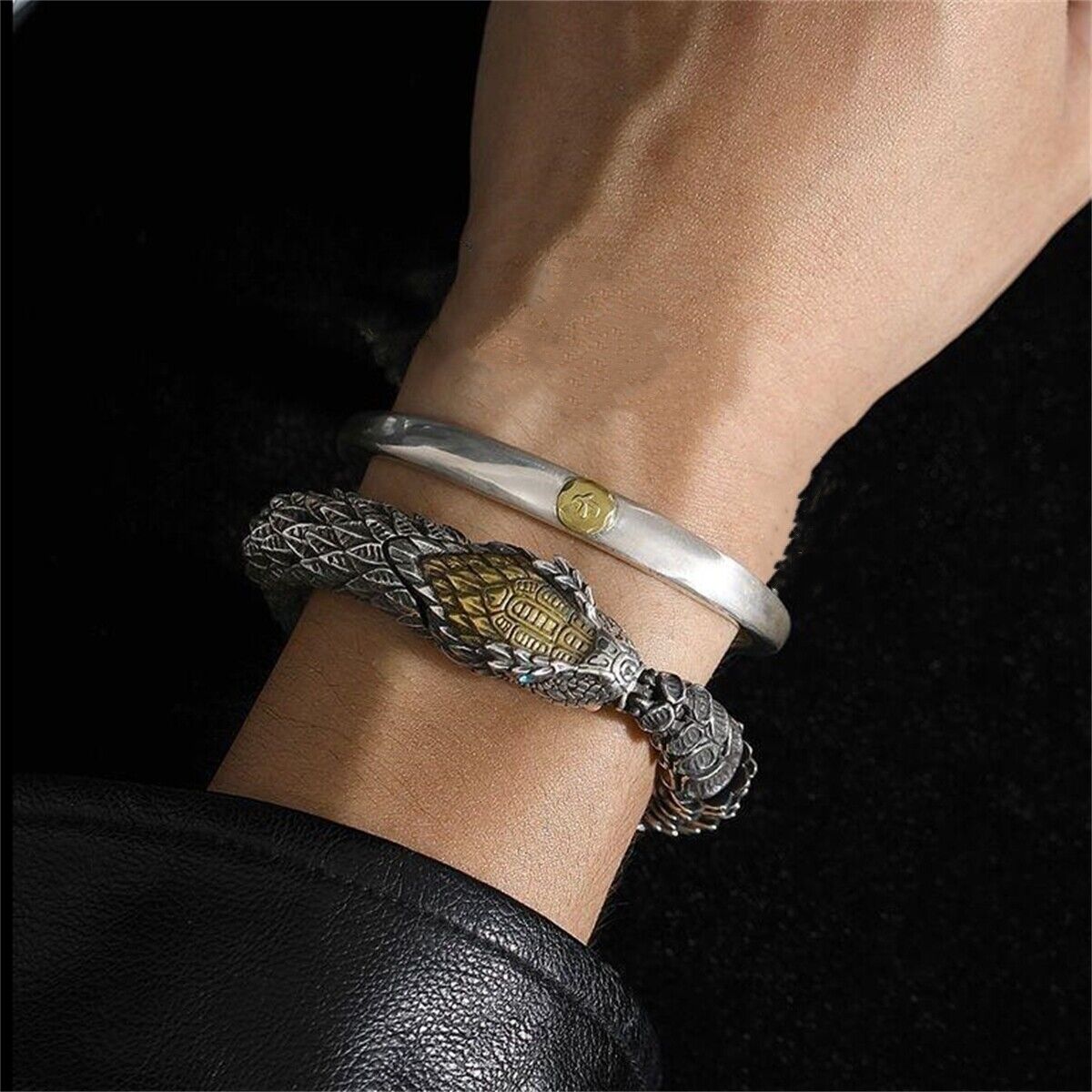 RARE PRINCE by CARAT SUTRA | Unique Golden Head Oxidized Snake Bracelet with Blue Eyes | 925 Sterling Silver Oxidized Bracelet | Unisex Jewelry | With Certificate of Authenticity and 925 Hallmark
