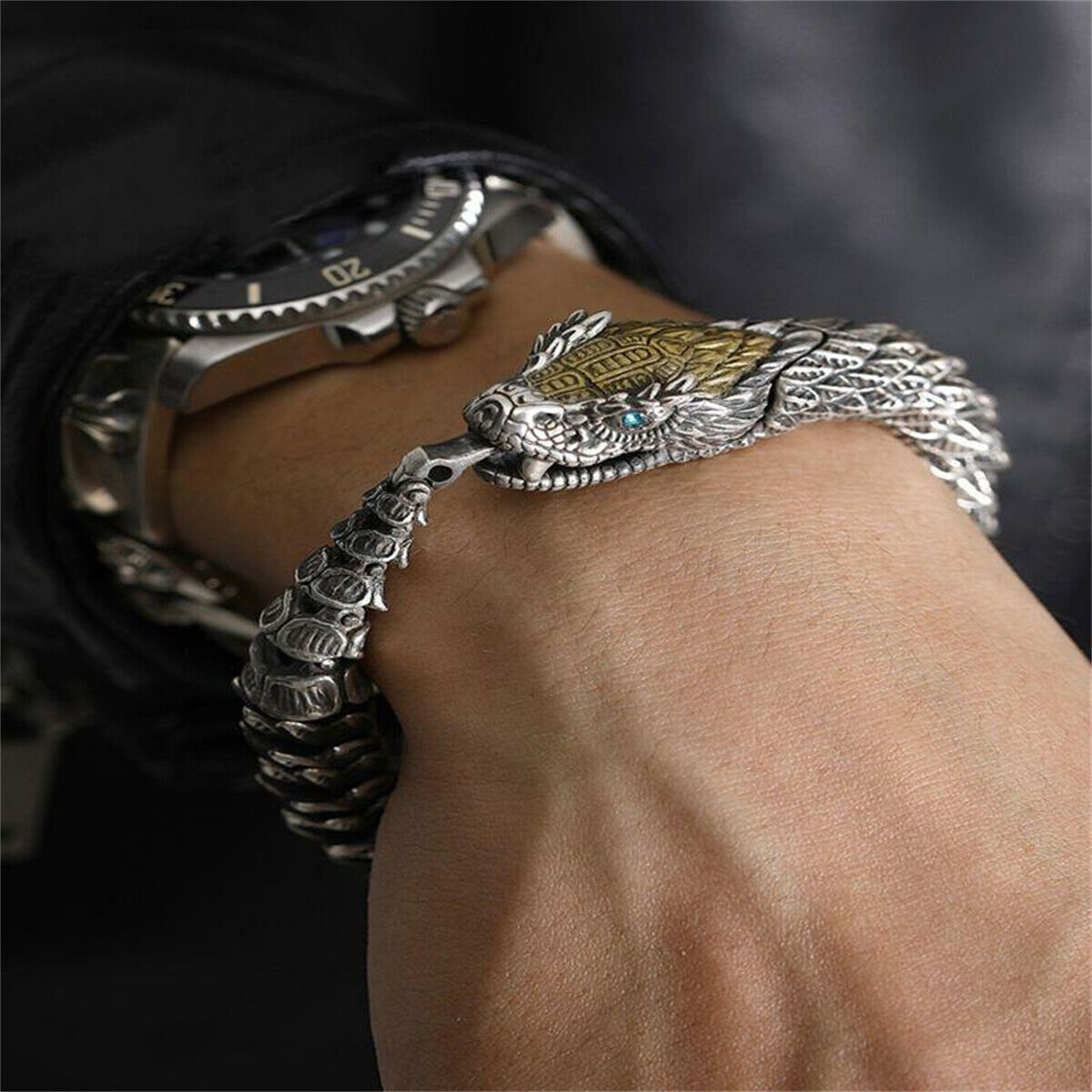 RARE PRINCE by CARAT SUTRA | Unique Golden Head Oxidized Snake Bracelet with Blue Eyes | 925 Sterling Silver Oxidized Bracelet | Unisex Jewelry | With Certificate of Authenticity and 925 Hallmark