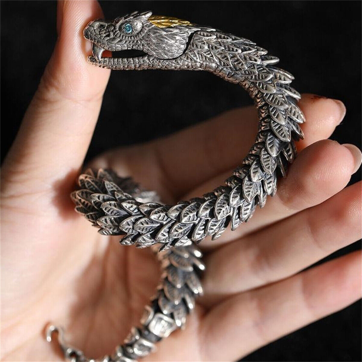 RARE PRINCE by CARAT SUTRA | Unique Golden Head Oxidized Snake Bracelet with Blue Eyes | 925 Sterling Silver Oxidized Bracelet | Unisex Jewelry | With Certificate of Authenticity and 925 Hallmark