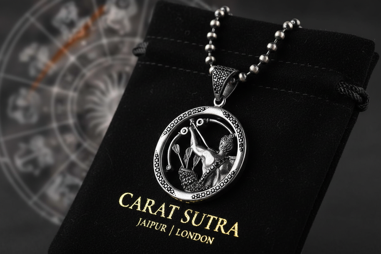 RARE PRINCE by CARAT SUTRA | Unique Sagittarius Zodiac Designed Pendant Studded with Black Zircons | Unisex 925 Sterling Silver Oxidized Pendant | Men's Jewelry | With Certificate of Authenticity and 925 Hallmark - caratsutra