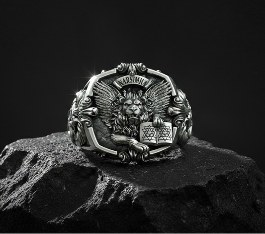 RARE PRINCE by CARAT SUTRA | Unique Designed Narsimha Lion Ring with OM symbol | 925 Sterling Silver Oxidized Ring | Men's Jewelry | With Certificate of Authenticity and 925 Hallmark - caratsutra