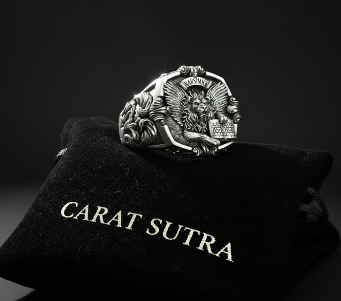 RARE PRINCE by CARAT SUTRA | Unique Designed Narsimha Lion Ring with OM symbol | 925 Sterling Silver Oxidized Ring | Men's Jewelry | With Certificate of Authenticity and 925 Hallmark