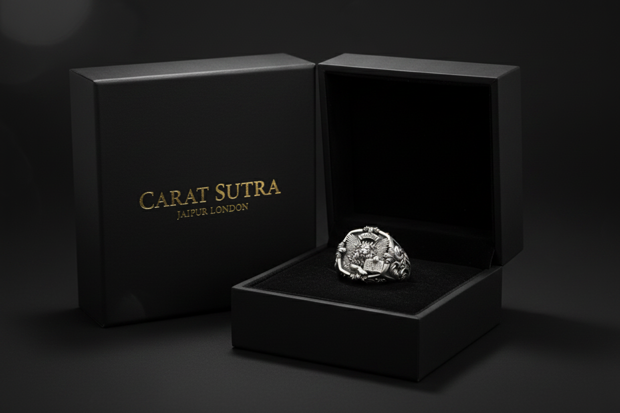 RARE PRINCE by CARAT SUTRA | Unique Designed Narsimha Lion Ring with OM symbol | 925 Sterling Silver Oxidized Ring | Men's Jewelry | With Certificate of Authenticity and 925 Hallmark - caratsutra