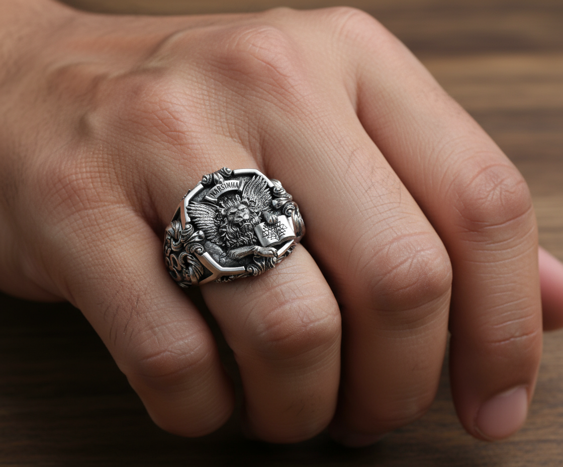 RARE PRINCE by CARAT SUTRA | Unique Designed Narsimha Lion Ring with OM symbol | 925 Sterling Silver Oxidized Ring | Men's Jewelry | With Certificate of Authenticity and 925 Hallmark - caratsutra