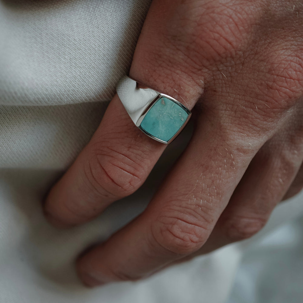 RARE PRINCE by CARAT SUTRA | Unique Turkish Gucci Style Ring with Natural Blue Turquoise | 925 Sterling Silver Oxidized Ring | Men's Jewelry | With Certificate of Authenticity and 925 Hallmark