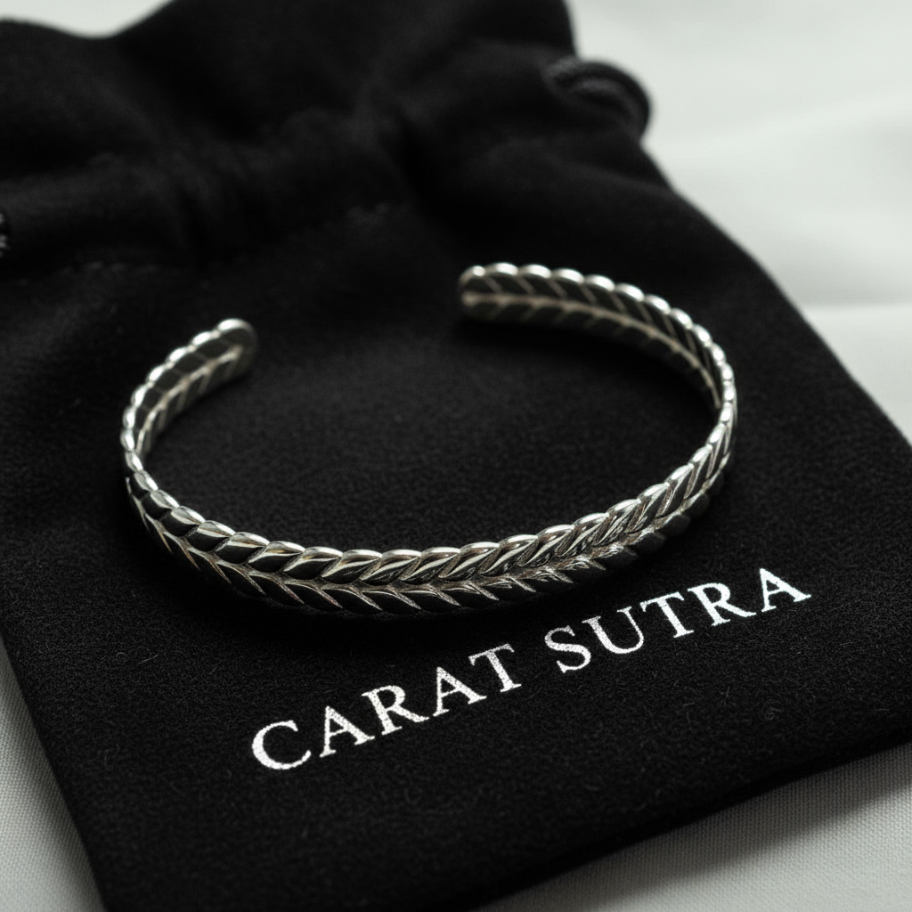 RARE PRINCE by CARAT SUTRA | Adjustable Leaf Style Bangle/kadaa/Handcuff for Men & Boys | 925 Sterling Silver Bracelet | Men's Jewelry | With Certificate of Authenticity and 925 Hallmark - caratsutra