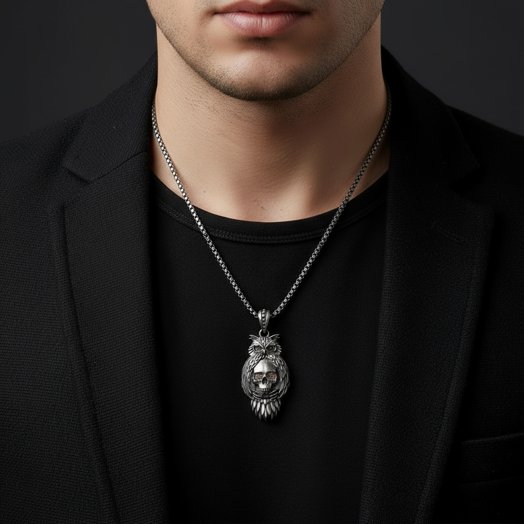 RARE PRINCE by CARAT SUTRA | Unique Designed Owl with Skull Pendant for Men | 925 Sterling Silver Oxidized Pendant | Men's Jewelry | With Certificate of Authenticity and 925 Hallmark - caratsutra