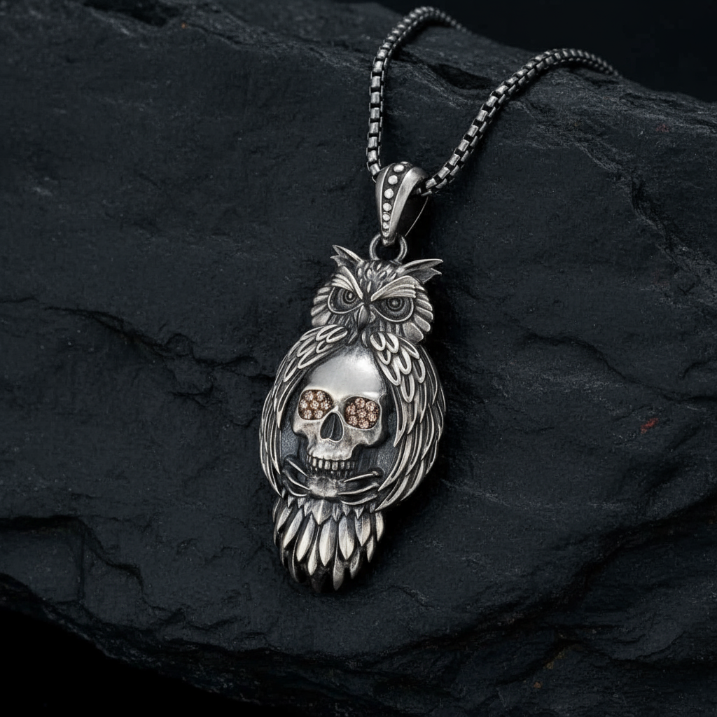 RARE PRINCE by CARAT SUTRA | Unique Designed Owl with Skull Pendant for Men | 925 Sterling Silver Oxidized Pendant | Men's Jewelry | With Certificate of Authenticity and 925 Hallmark - caratsutra