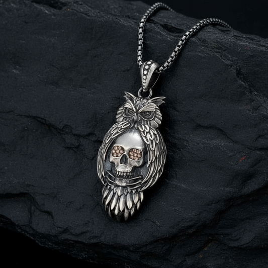 RARE PRINCE by CARAT SUTRA | Unique Designed Owl with Skull Pendant for Men | 925 Sterling Silver Oxidized Pendant | Men's Jewelry | With Certificate of Authenticity and 925 Hallmark - caratsutra