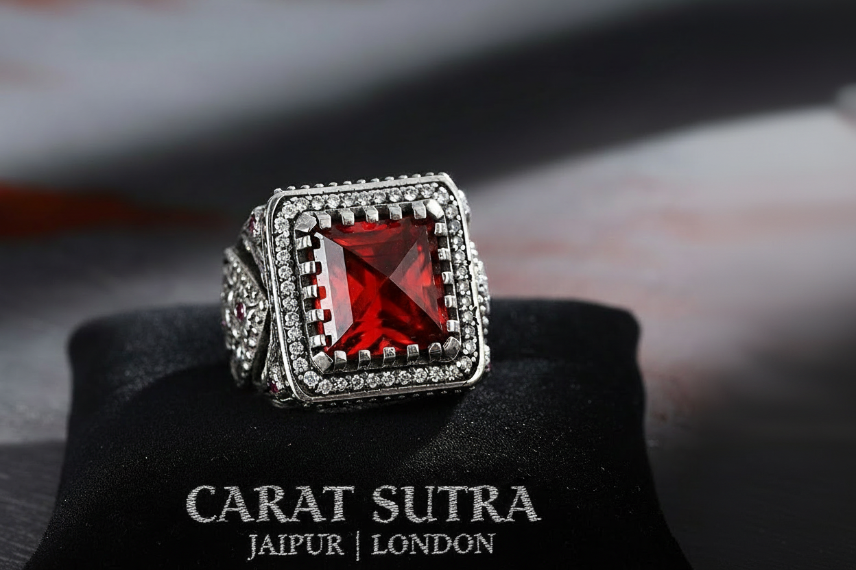 RARE PRINCE by CARAT SUTRA | Unique Handmade Turkish Style Ring Studded with AAA+ Red Zirconia | 925 Sterling Silver Oxidized Ring | Men's Jewelry | With Certificate of Authenticity and 925 Hallmark