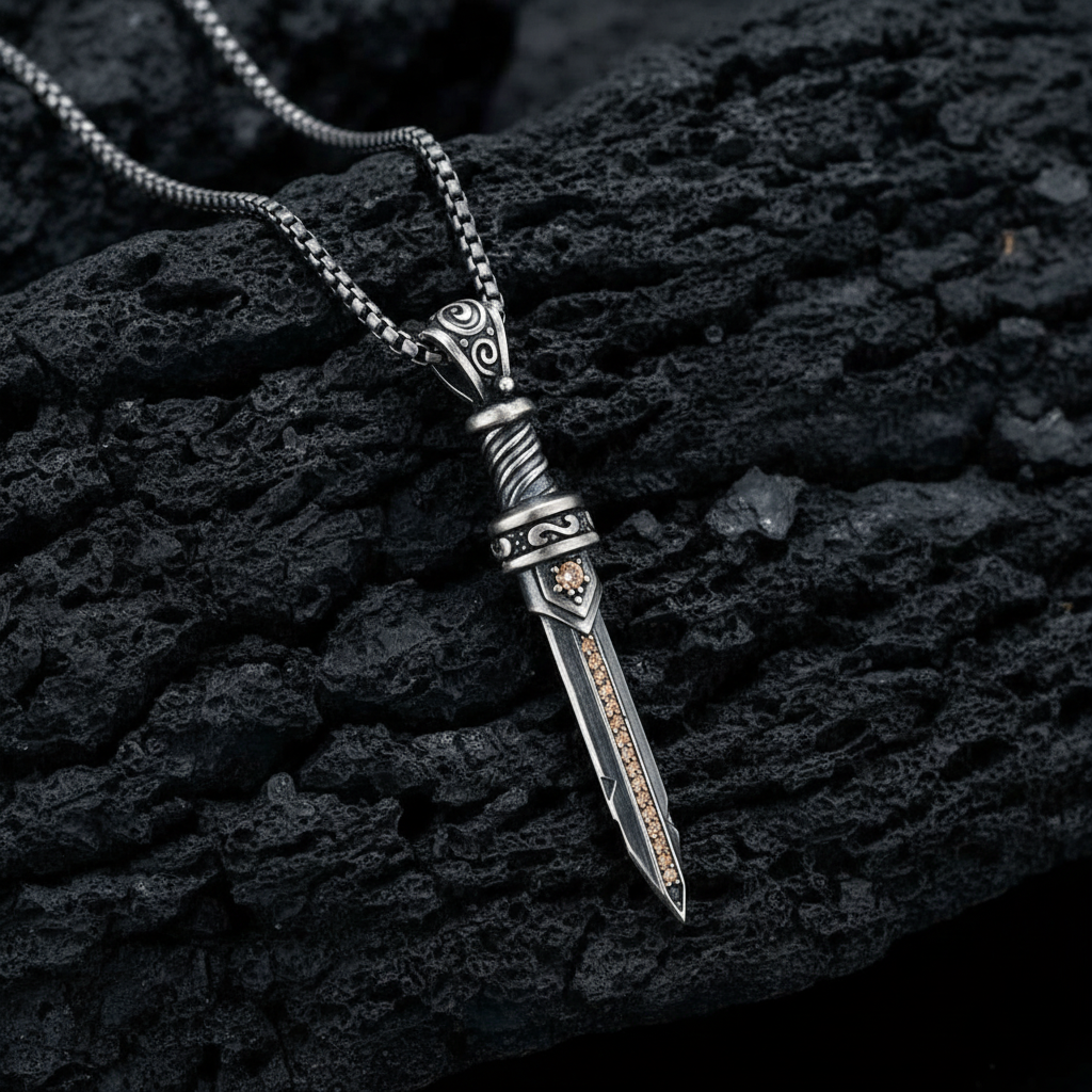 RARE PRINCE by CARAT SUTRA | Unique Designed Sword Pendant Studded with Cubic Zircons for Men | 925 Sterling Silver Oxidized Pendant | Men's Jewelry | With Certificate of Authenticity and 925 Hallmark - caratsutra