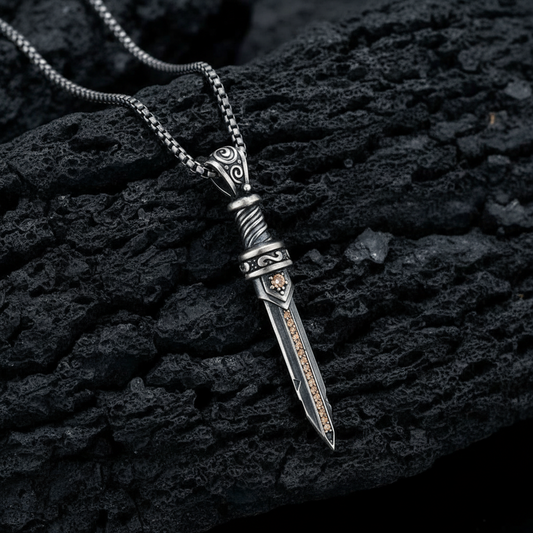 RARE PRINCE by CARAT SUTRA | Unique Designed Sword Pendant Studded with Cubic Zircons for Men | 925 Sterling Silver Oxidized Pendant | Men's Jewelry | With Certificate of Authenticity and 925 Hallmark - caratsutra