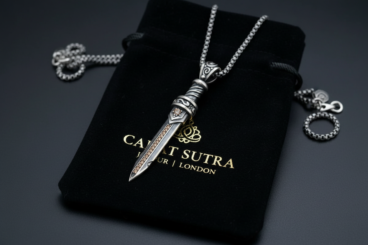 RARE PRINCE by CARAT SUTRA | Unique Designed Sword Pendant Studded with Cubic Zircons for Men | 925 Sterling Silver Oxidized Pendant | Men's Jewelry | With Certificate of Authenticity and 925 Hallmark - caratsutra