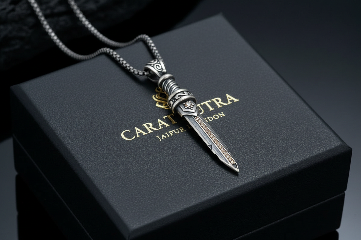 RARE PRINCE by CARAT SUTRA | Unique Designed Sword Pendant Studded with Cubic Zircons for Men | 925 Sterling Silver Oxidized Pendant | Men's Jewelry | With Certificate of Authenticity and 925 Hallmark - caratsutra