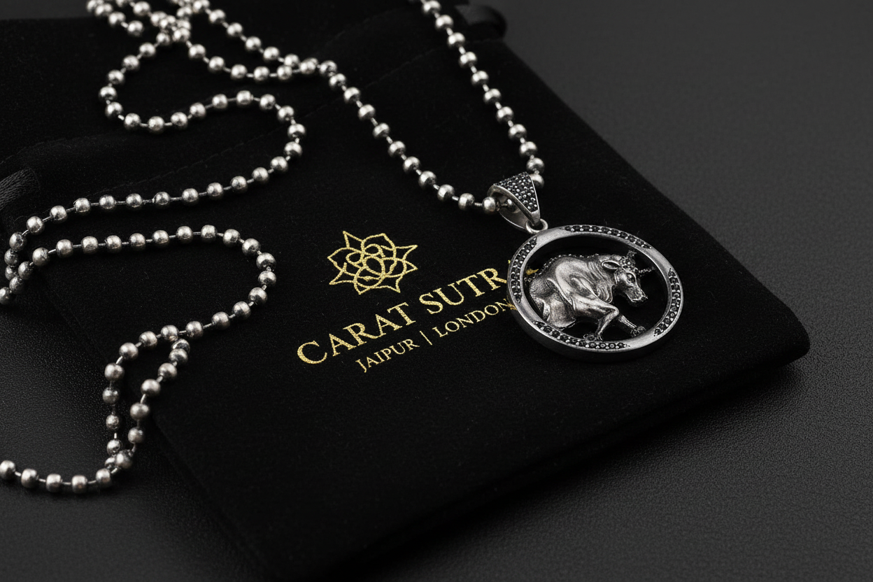 RARE PRINCE by CARAT SUTRA | Unique Taurus Zodiac Designed Pendant Studded with Black Zircons | Unisex 925 Sterling Silver Oxidized Pendant | Men's Jewelry | With Certificate of Authenticity and 925 Hallmark - caratsutra