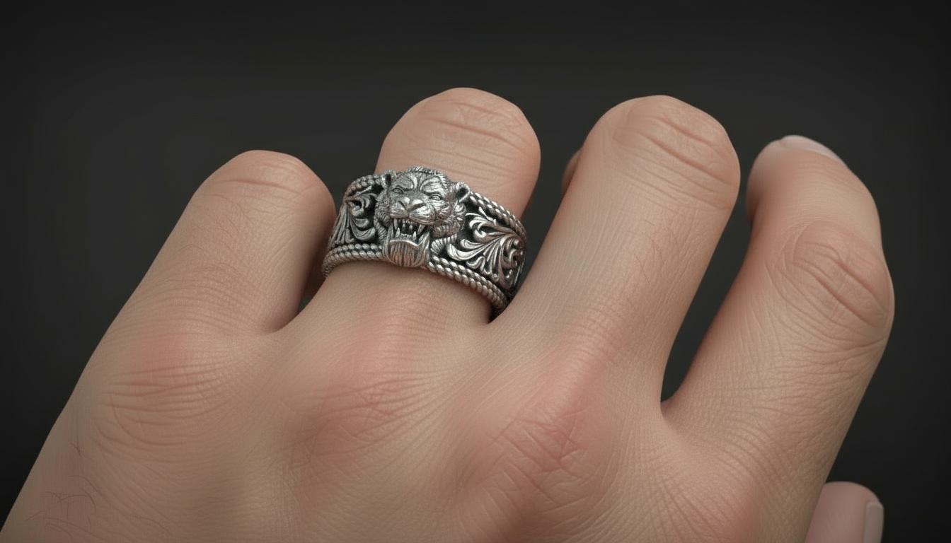 RARE PRINCE by CARAT SUTRA | Unique Designed Solid 3D Tiger Face Band Ring | 925 Sterling Silver Oxidized Ring | Men's Jewelry | With Certificate of Authenticity and 925 Hallmark