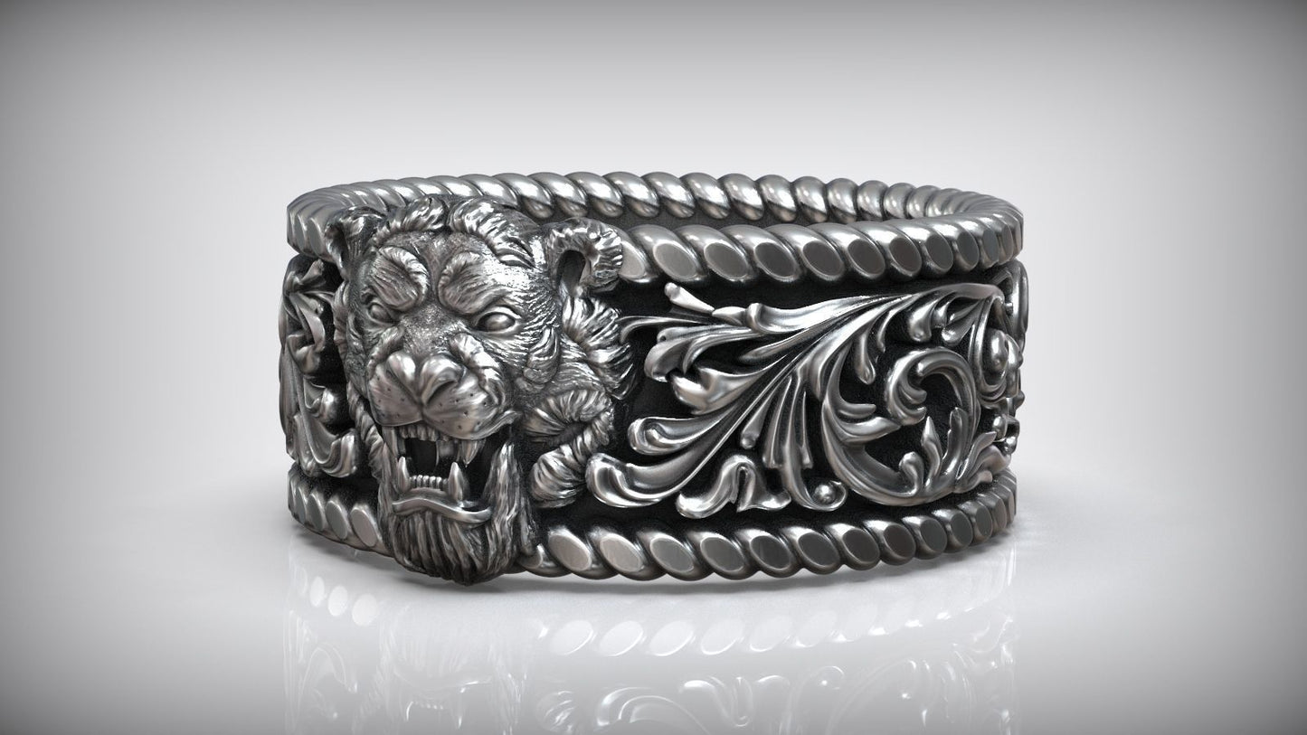 RARE PRINCE by CARAT SUTRA | Unique Designed Solid 3D Tiger Face Band Ring | 925 Sterling Silver Oxidized Ring | Men's Jewelry | With Certificate of Authenticity and 925 Hallmark