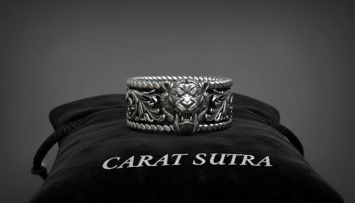 RARE PRINCE by CARAT SUTRA | Unique Designed Solid 3D Tiger Face Band Ring | 925 Sterling Silver Oxidized Ring | Men's Jewelry | With Certificate of Authenticity and 925 Hallmark