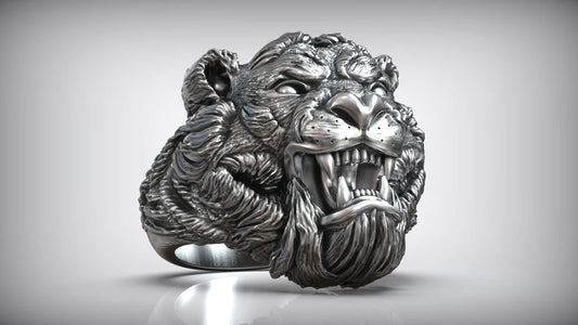RARE PRINCE by CARAT SUTRA | Unique Designed Solid Ferocious 3D Tiger Face Ring | 925 Sterling Silver Oxidized Ring | Men's Jewelry | With Certificate of Authenticity and 925 Hallmark