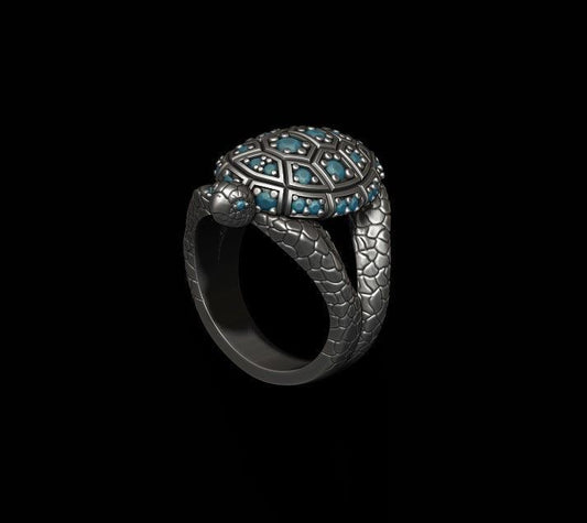 RARE PRINCE by CARAT SUTRA | Antique Designed Turtle Ring With Blue Zircon| 925 Sterling Silver Oxidized Ring | Men's Jewelry | With Certificate of Authenticity and 925 Hallmark
