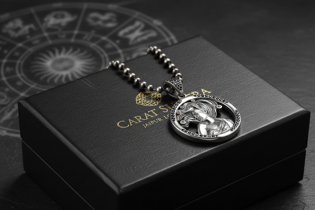 RARE PRINCE by CARAT SUTRA | Unique Virgo Zodiac Designed Pendant Studded with Black Zircons | Unisex 925 Sterling Silver Oxidized Pendant | Men's Jewelry | With Certificate of Authenticity and 925 Hallmark - caratsutra