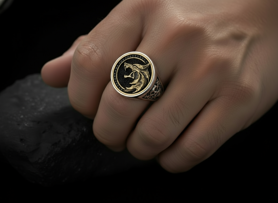 RARE PRINCE by CARAT SUTRA | Unique Designed Wolf Witcher Face Ring | 925 Sterling Silver Oxidized Ring Studded with Black Zircons stones | Men's Jewelry | With Certificate of Authenticity and 925 Hallmark
