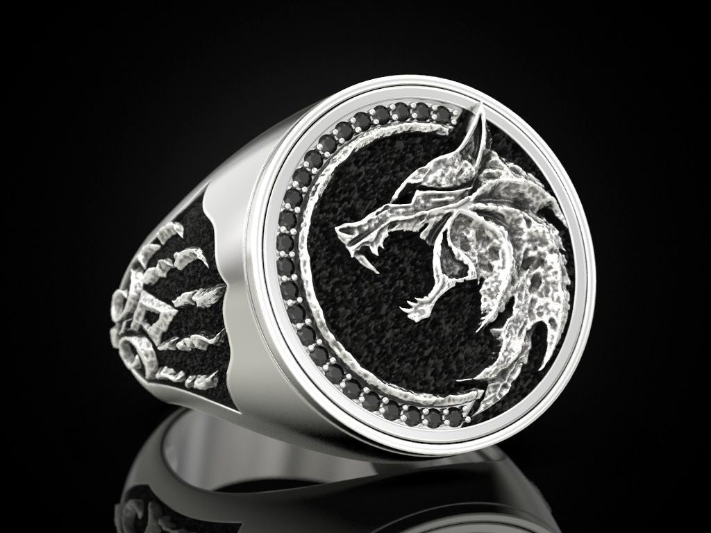 RARE PRINCE by CARAT SUTRA | Unique Designed Wolf Witcher Face Ring | 925 Sterling Silver Oxidized Ring Studded with Black Zircons stones | Men's Jewelry | With Certificate of Authenticity and 925 Hallmark