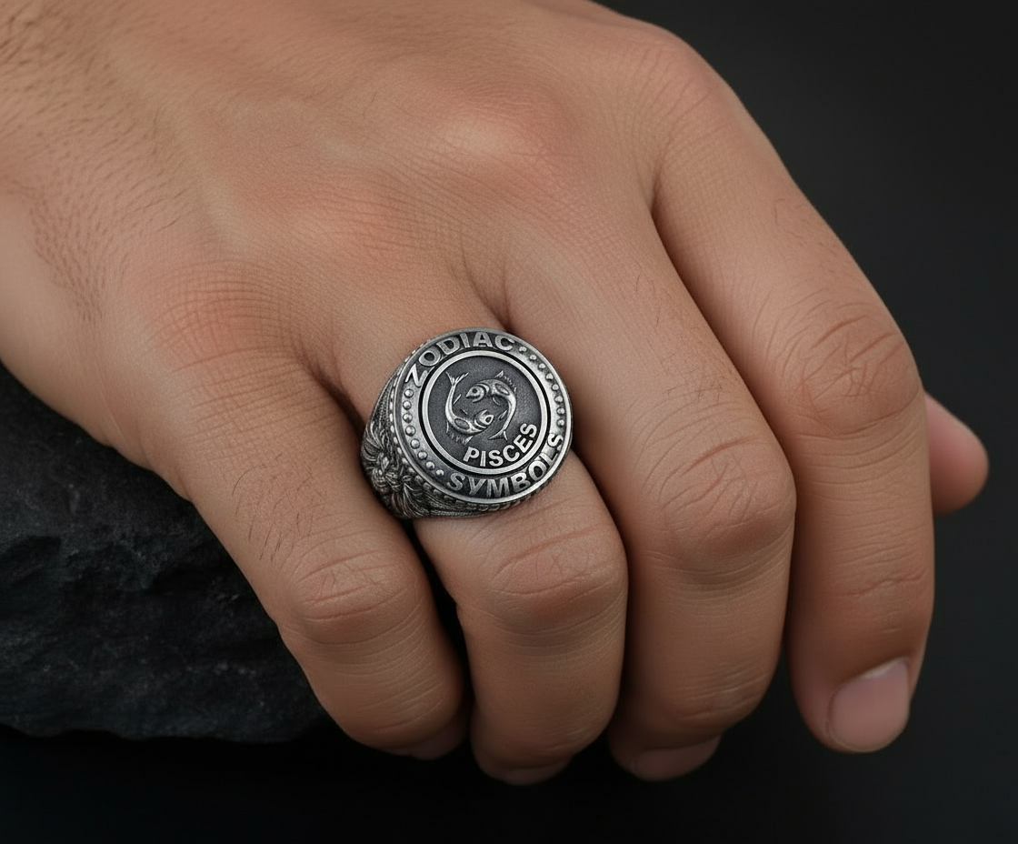 RARE PRINCE by CARAT SUTRA | Unique Designed Pisces Zodiac Ring with Lion | 925 Sterling Silver Oxidized Ring | Men's Jewelry | With Certificate of Authenticity and 925 Hallmark