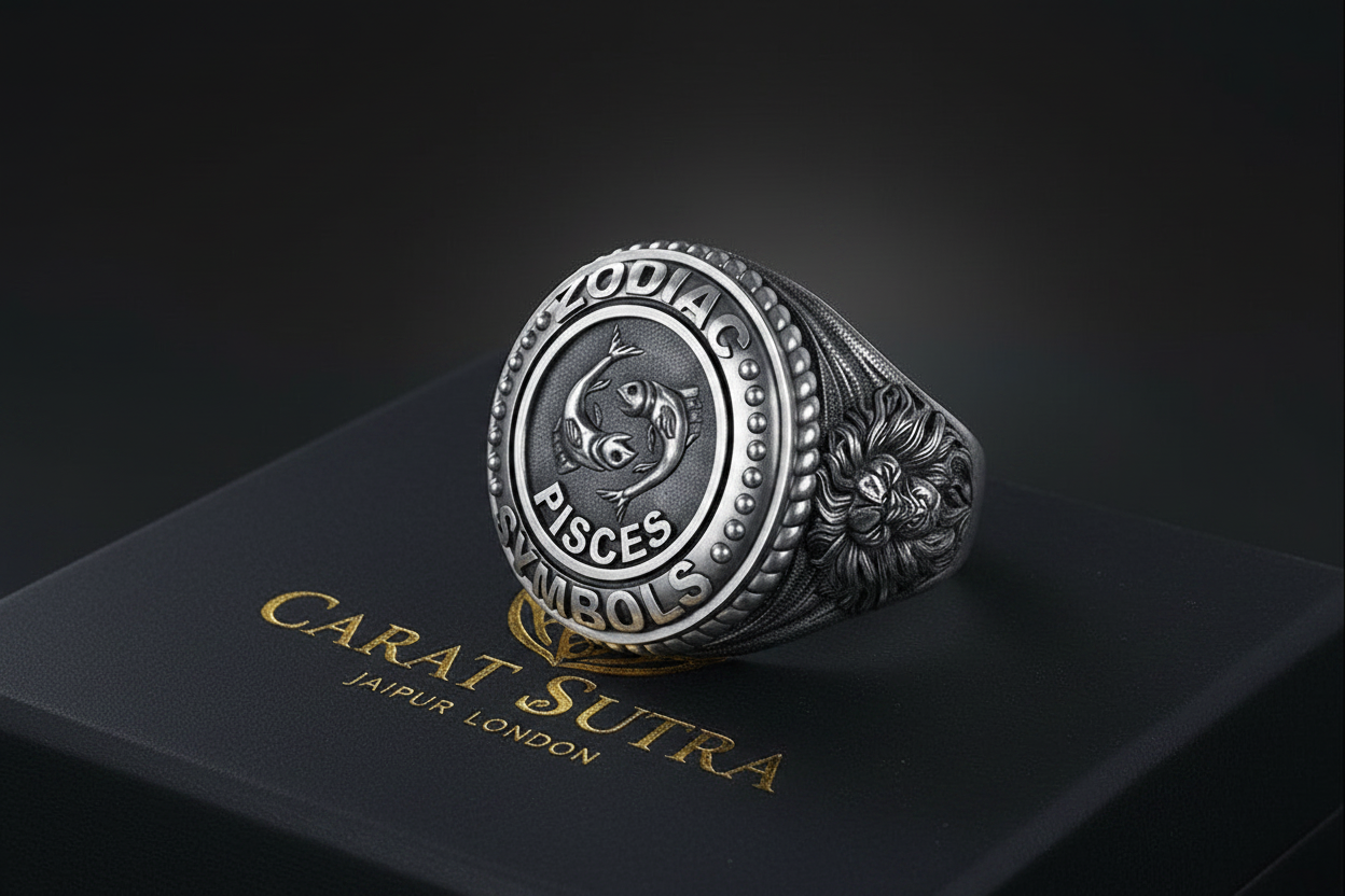 RARE PRINCE by CARAT SUTRA | Unique Designed Pisces Zodiac Ring with Lion | 925 Sterling Silver Oxidized Ring | Men's Jewelry | With Certificate of Authenticity and 925 Hallmark - caratsutra