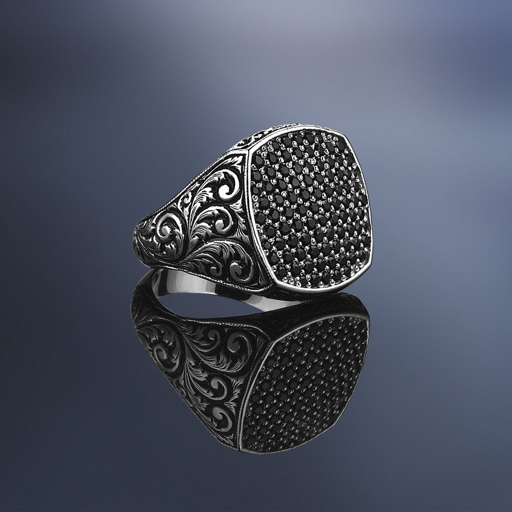 RARE PRINCE by CARAT SUTRA | Exclusive Classic Cushion Pave Ring Studded with Black Cubic Zirconia, Sterling Silver 925 Ring | Jewellery for Men| With Certificate of Authenticity and 925 Hallmark - caratsutra
