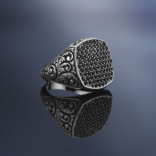 RARE PRINCE by CARAT SUTRA | Exclusive Classic Cushion Pave Ring Studded with Black Cubic Zirconia, Sterling Silver 925 Ring | Jewellery for Men| With Certificate of Authenticity and 925 Hallmark - caratsutra