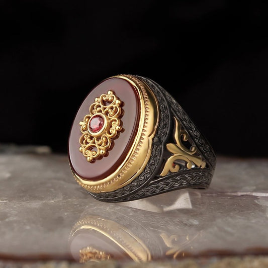 RARE PRINCE by CARAT SUTRA | Unique Turkish Style Ring with Natural Pearl | Black Rhodium & Gold Plated 925 Sterling Silver Ring | Men's Jewelry | With Certificate of Authenticity and 925 Hallmark - caratsutra