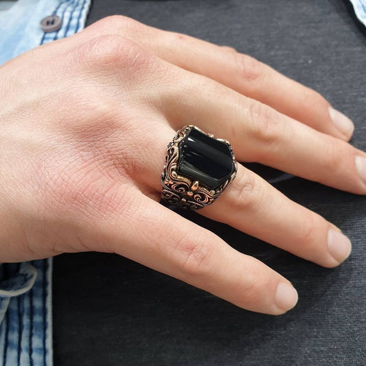 RARE PRINCE by CARAT SUTRA | Unique Turkish Style Ring with Natural Black Onyx | 925 Sterling Silver Oxidized Ring | Men's Jewelry | With Certificate of Authenticity and 925 Hallmark - caratsutra