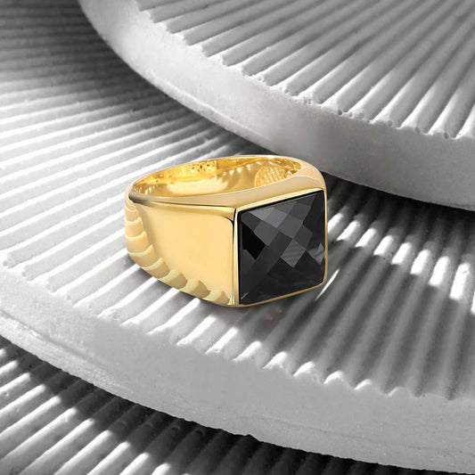 RARE PRINCE by CARAT SUTRA | Exclusive Classic Gold Signet Statement Ring with Faceted Black Zircon/ Red Zircon, Sterling Silver 925 Ring | Jewellery for Men| With Certificate of Authenticity and 925 Hallmark - caratsutra