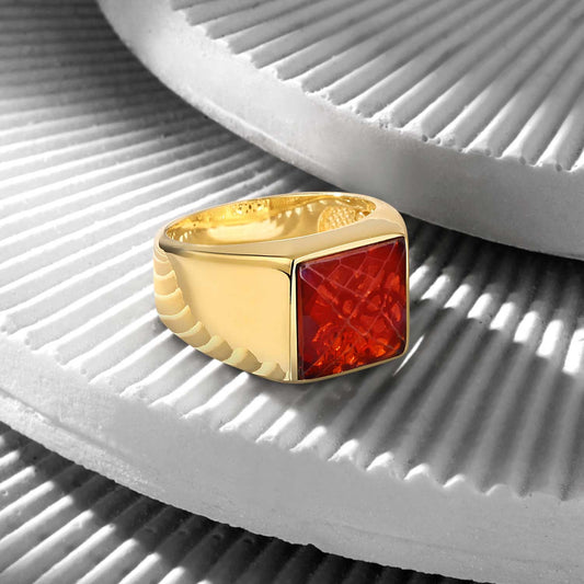 RARE PRINCE by CARAT SUTRA | Exclusive Classic Gold Signet Statement Ring with Faceted Black Zircon/ Red Zircon, Sterling Silver 925 Ring | Jewellery for Men| With Certificate of Authenticity and 925 Hallmark - caratsutra