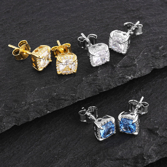 RARE PRINCE by CARAT SUTRA | Princess Cut Blue Topaz & Diamond Stud Earrings for Men | AAA+ Quality Swarovski Diamond & White Rhodium 925 Sterling Silver Earrings | Jewellery for Men| With Certificate of Authenticity and 925 Hallmark
