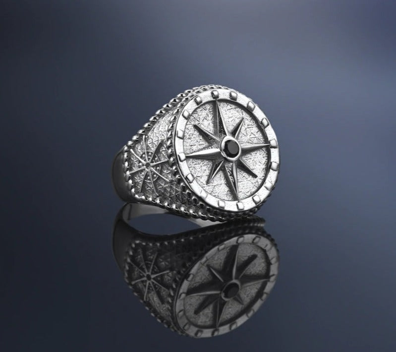 RARE PRINCE by CARAT SUTRA | Exclusive Signet Style Compass Ring, Sterling Silver 925 Ring | Jewellery for Men| With Certificate of Authenticity and 925 Hallmark - caratsutra