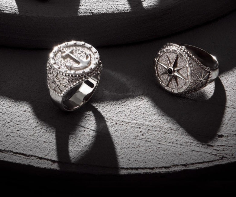 RARE PRINCE by CARAT SUTRA Exclusive Signet Style Compass Ring, Sterling Silver 925 Ring Jewellery for Men| With Certificate of Authenticity and