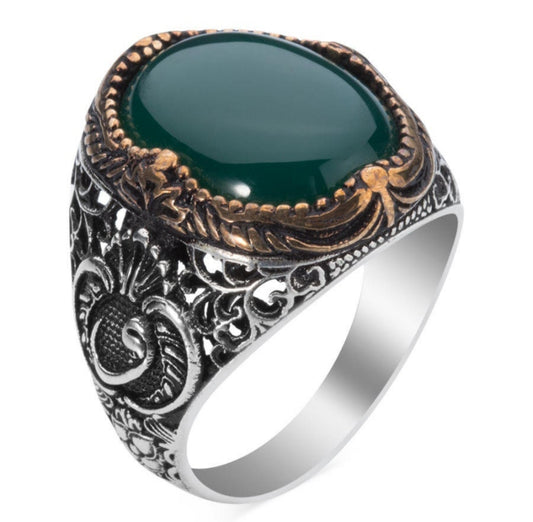 RARE PRINCE by CARAT SUTRA | Unique Turkish Style Ring with Natural Green Onyx  | 925 Sterling Silver Oxidized Ring | Men's Jewelry | With Certificate of Authenticity and 925 Hallmark - caratsutra