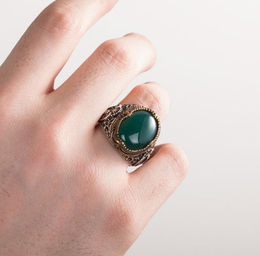 RARE PRINCE by CARAT SUTRA | Unique Turkish Style Ring with Natural Green Onyx  | 925 Sterling Silver Oxidized Ring | Men's Jewelry | With Certificate of Authenticity and 925 Hallmark - caratsutra