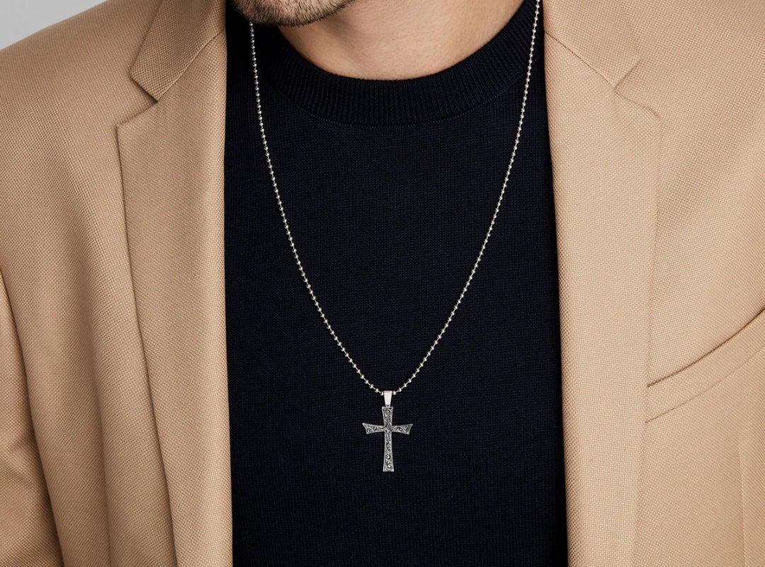 RARE PRINCE by CARAT SUTRA | Unique Classic Cross Pendant with Engraved Design, 925 Sterling Silver Pendant | Men's Jewelry | With Certificate of Authenticity and 925 Hallmark - caratsutra