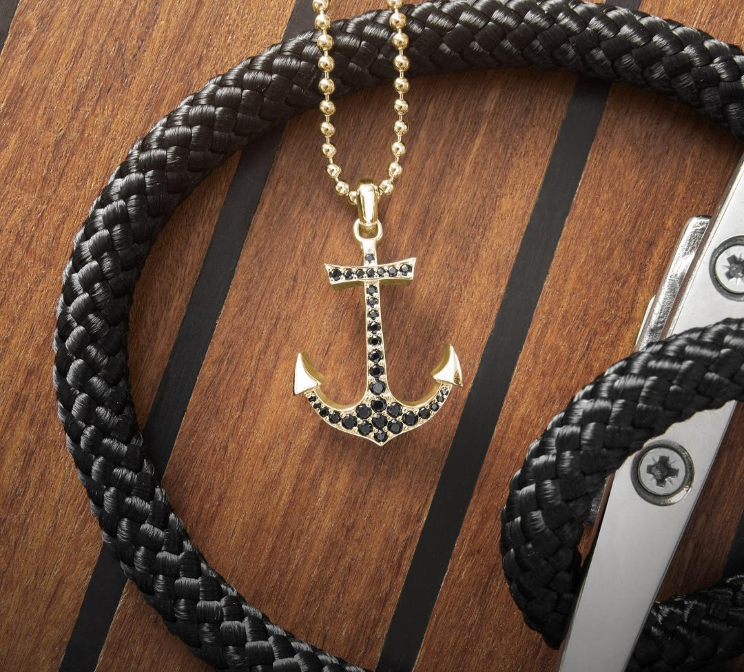 RARE PRINCE by CARAT SUTRA | Unique Designed Sailor's Anchor Pendant Studded with Black Zircons for Men, 925 Sterling Silver Pendant | Men's Jewelry | With Certificate of Authenticity and 925 Hallmark - caratsutra