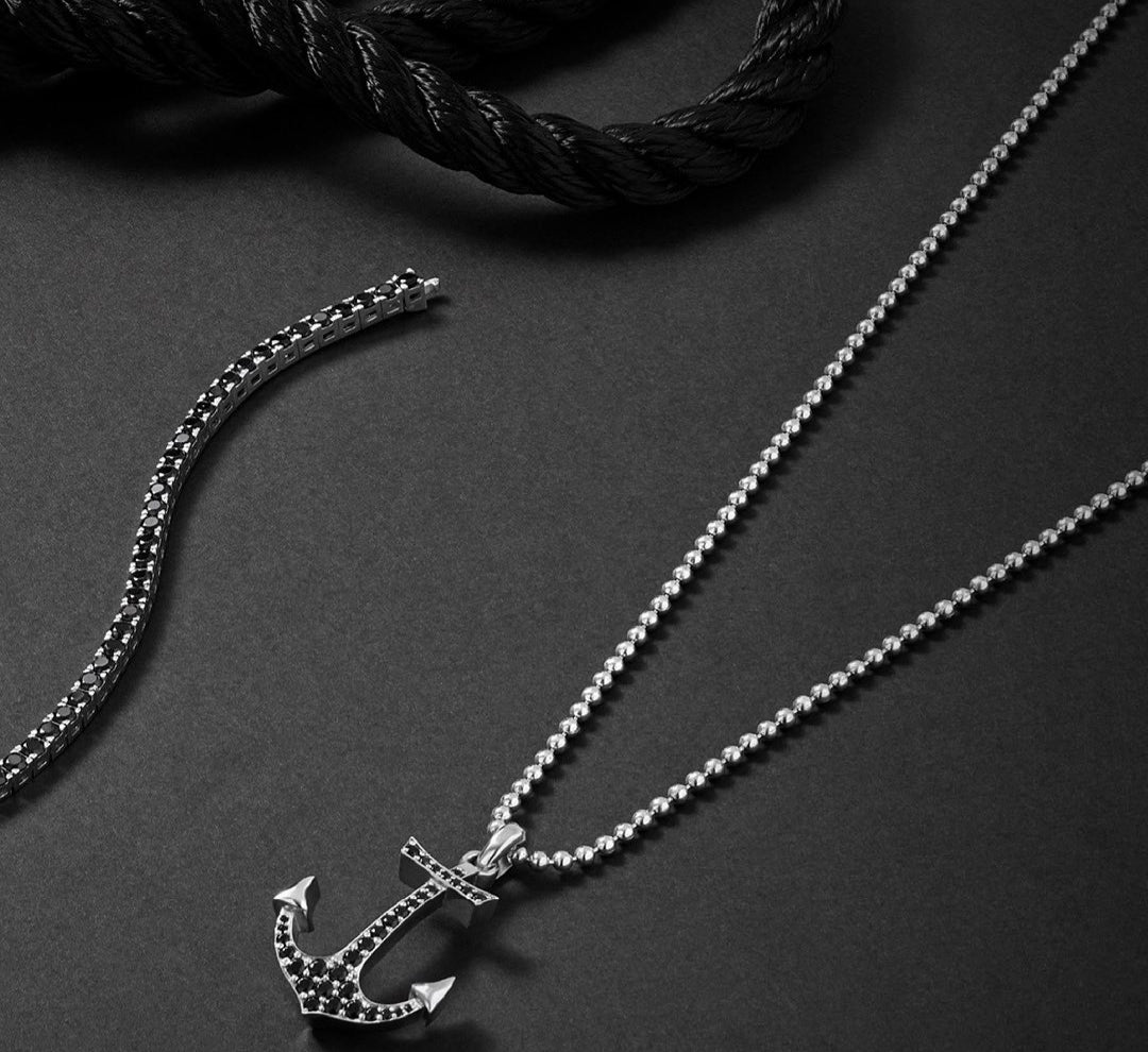 RARE PRINCE by CARAT SUTRA | Unique Designed Sailor's Anchor Pendant Studded with Black Zircons for Men, 925 Sterling Silver Pendant | Men's Jewelry | With Certificate of Authenticity and 925 Hallmark - caratsutra