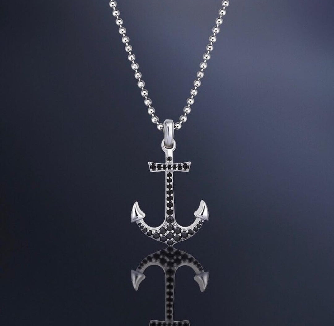 RARE PRINCE by CARAT SUTRA | Unique Designed Sailor's Anchor Pendant Studded with Black Zircons for Men, 925 Sterling Silver Pendant | Men's Jewelry | With Certificate of Authenticity and 925 Hallmark - caratsutra