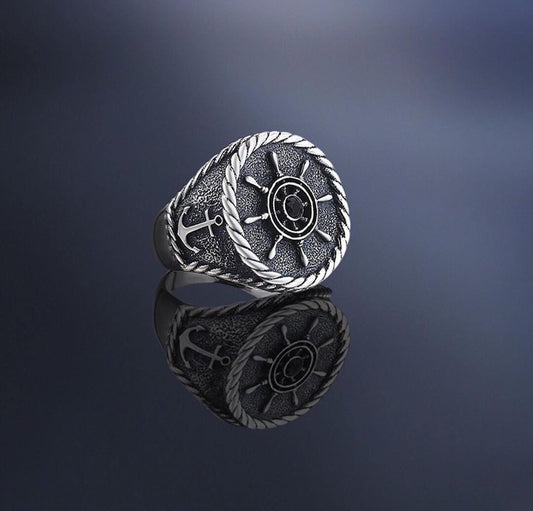 RARE PRINCE by CARAT SUTRA | Exclusive Signet Style Rudder Ring for Men, Oxidized Sterling Silver 925 Ring | Jewellery for Men| With Certificate of Authenticity and 925 Hallmark - caratsutra