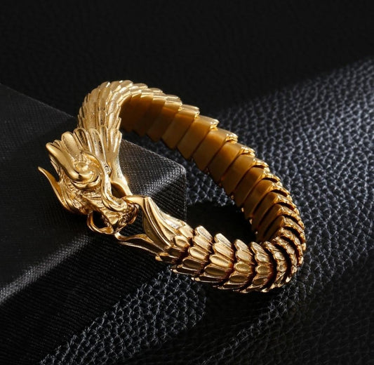 RARE PRINCE by CARAT SUTRA | Unique Vintage Gold Dragon Bracelet | 22kt Gold Micron Plated 925 Sterling Silver Bracelet | Unisex Jewelry | With Certificate of Authenticity and 925 Hallmark - caratsutra