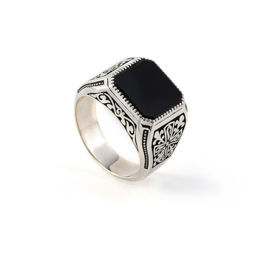 RARE PRINCE by CARAT SUTRA | Unique Turkish Style Ring with Natural Black Onyx | 925 Sterling Silver Oxidized Ring | Men's Jewelry | With Certificate of Authenticity and 925 Hallmark - caratsutra