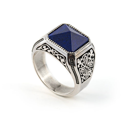 RARE PRINCE by CARAT SUTRA | Unique Turkish Style Ring with Natural Lapis Lazuli | 925 Sterling Silver Oxidized Ring | Men's Jewelry | With Certificate of Authenticity and 925 Hallmark - caratsutra